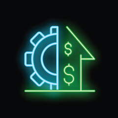 Obraz premium Neon sign showing a gear and an upwards arrow with dollar signs, representing the concept of hard work leading to financial success