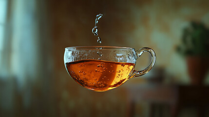 Floating tea cup with liquid suspended mid air