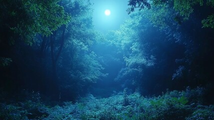 A quiet, misty forest under the moonlight, exuding mystery. Ideal for nature themes, storytelling, and atmospheric designs.