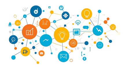Abstract network of interconnected icons, representing global communication and innovation. Ideal for a presentation about technology or business