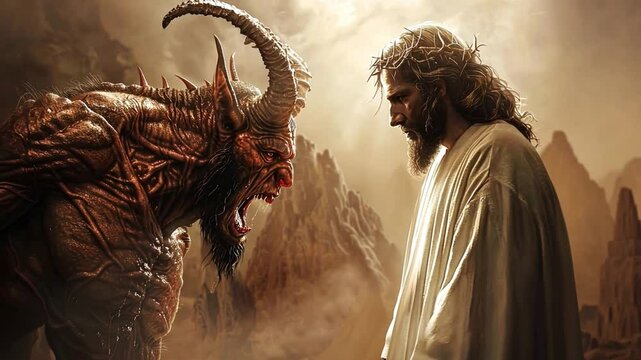 A dramatic moment unfolds in a fantastical setting as a devilish creature confronts a serene figure cloaked in light.