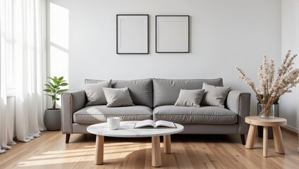Fototapeta premium A sleek gray couch hugs a pristine white wall, paired with a glossy white marble coffee table. A book and elegant white coffee mug rest atop it, inviting cozy comfort and style