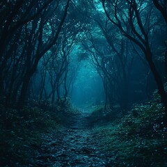 Obraz premium A quiet, misty forest under the moonlight, exuding mystery. Ideal for nature themes, storytelling, and atmospheric designs.