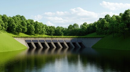 Fototapeta premium A serene landscape featuring a dam surrounded by lush greenery and a calm body of water under a blue sky with fluffy clouds.