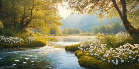 Obraz premium Serene River Flows Through Lush Green Valley With White Flowers