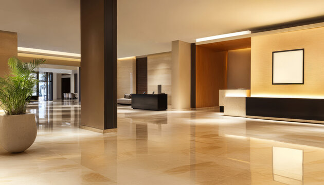 Modern lobby area of a stylish hotel showcasing minimalist design and warm lighting