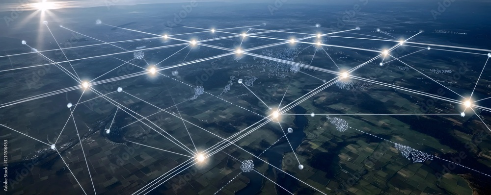Poster aerial view of luminous network nodes connected by lines over a dark landscape. shows global interco