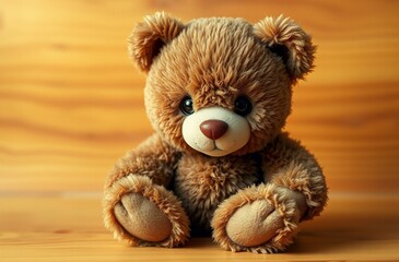 Fototapeta premium Brown teddy bear sitting alone on a wooden surface against a blurred background with his hands down created