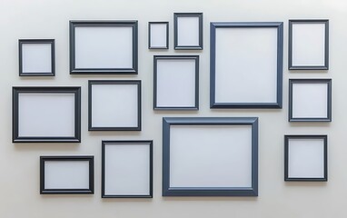 Collection of various size picture frames arranged on a wall. Useful for showcasing different sizes and types of prints
