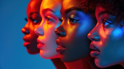 Obraz premium Four women of different ethnicities stand side by side, showcasing their profiles. Diversity Equality Inclusion. International Women's Day. Zero Discrimination Day banner.