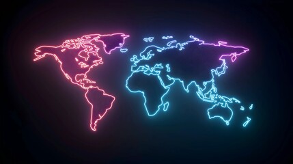 Global Connections: A vibrant neon world map illuminates continents in contrasting hues, symbolizing interconnectedness and a dynamic world stage. Explore the glowing pathways!