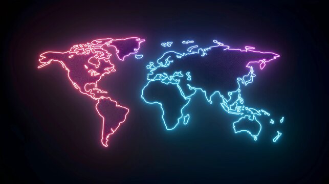 Fototapeta Global Connections: A vibrant neon world map illuminates continents in contrasting hues, symbolizing interconnectedness and a dynamic world stage. Explore the glowing pathways!