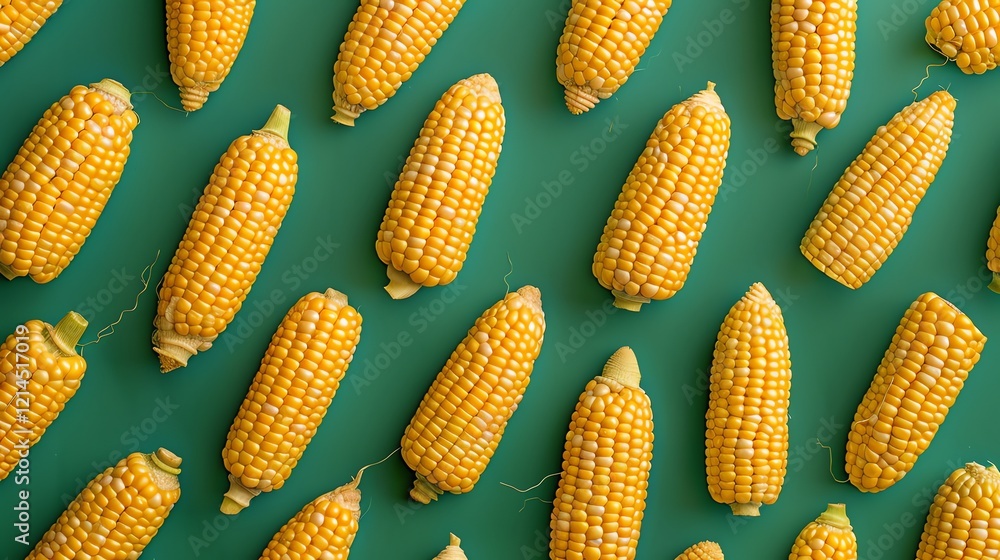 Aufkleber a flat lay of corn on the cob arranged in a pattern on a green background.
