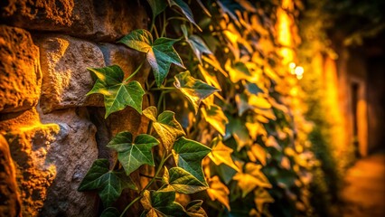 Night Photography: Ivy-Covered Wall, Illuminated Vines, Dark Background