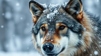 Close-up of a timber wolf's face in the midst of a blizzard with its fur fluffed up against the cold and snow swirling around it, animal close-up, forest habitat