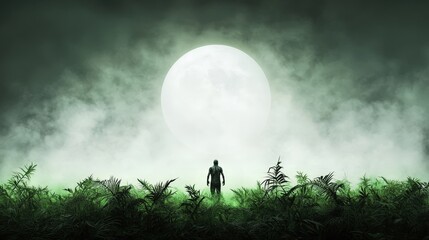 Mysterious Figure in Lush Green Foggy Landscape