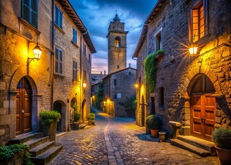 Obraz premium Night Photography: Medieval Quarter, Viterbo, Italy - Historic Center San Pellegrino