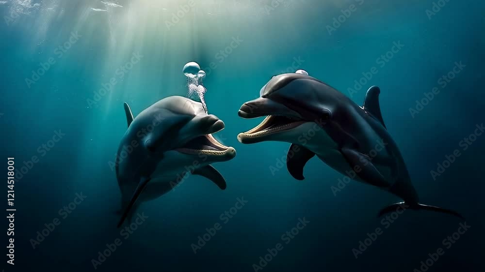 Poster two dolphins swimming gracefully underwater with mouths open, sunbeams filtering through the water, 