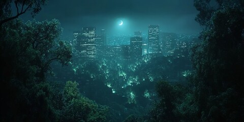 Obraz premium A quiet, misty forest under the moonlight, exuding mystery. Ideal for nature themes, storytelling, and atmospheric designs.