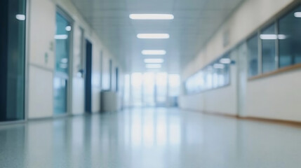 Obraz premium Blurred hospital corridor with clean, modern design and soft lighting, creating a calm and professional healthcare environment, emphasizing clinical and sterile ambiance.