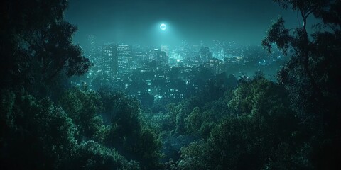 Fototapeta premium A quiet, misty forest under the moonlight, exuding mystery. Ideal for nature themes, storytelling, and atmospheric designs.