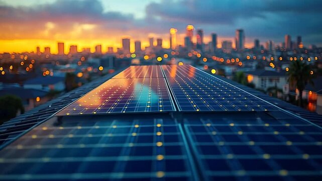 Solar panels reflecting city lights at sunset, showcasing renewable energy.