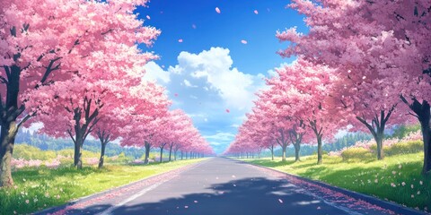 Tranquil Road Lined with Blossoming Cherry Trees