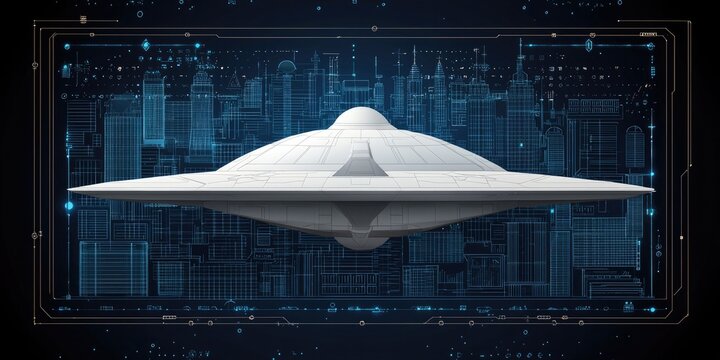 A futuristic, saucer-shaped spacecraft is depicted against a digital backdrop, suggesting advanced technology and extraterrestrial themes.