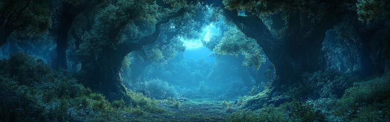 Fototapeta premium A quiet, misty forest under the moonlight, exuding mystery. Ideal for nature themes, storytelling, and atmospheric designs.