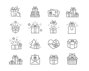Gifts Icon collection containing 16 editable stroke icons. Perfect for logos, stats and infographics. Edit the thickness of the line in Adobe Illustrator (or any vector capable app).