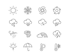 Weather and Climate Icon collection containing 16 editable stroke icons. Perfect for logos, stats and infographics. Edit the thickness of the line in Adobe Illustrator (or any vector capable app).