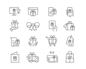 Gift Shopping Icon collection containing 16 editable stroke icons. Perfect for logos, stats and infographics. Edit the thickness of the line in Adobe Illustrator (or any vector capable app).