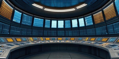 Obraz premium A futuristic control room featuring multiple screens and panels, designed for monitoring or command operations in a high-tech environment.
