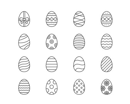 Easter Eggs Icon collection containing 16 editable stroke icons. Perfect for logos, stats and infographics. Edit the thickness of the line in Adobe Illustrator (or any vector capable app).