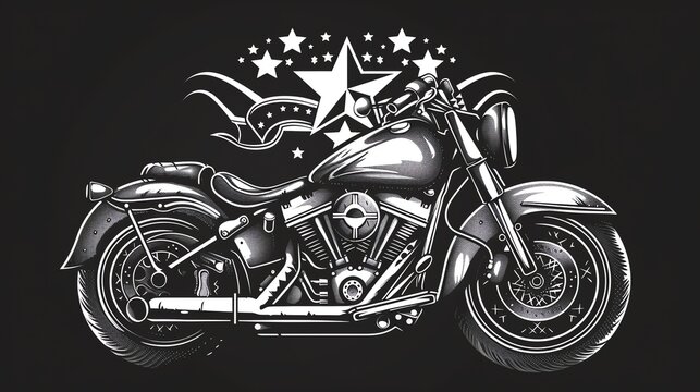 A black and white illustration of a motorcycle with stars and a banner.
