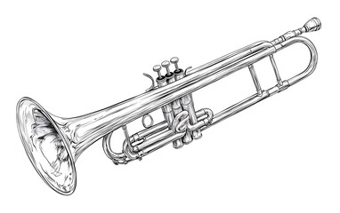 Hand-drawn trumpet, musical instrument, detailed illustration, black and white, artistic representation