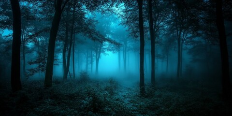 Obraz premium A quiet, misty forest under the moonlight, exuding mystery. Ideal for nature themes, storytelling, and atmospheric designs.