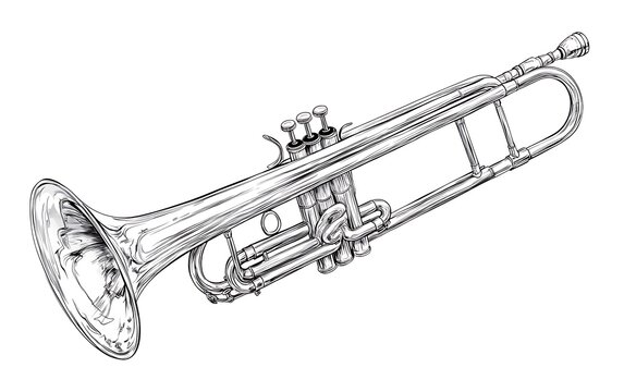 recommend clip art: Hand-drawn trumpet, musical instrument, detailed illustration, black and white, artistic representation