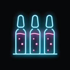Glowing neon sign representing three medical ampoules with medication standing on a shelf