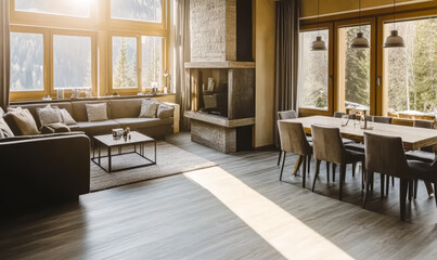 Cozy modern living room with large windows and mountain view in a peaceful setting