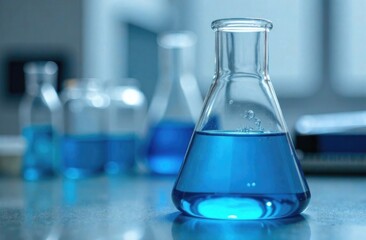 A glass flask filled with vibrant blue liquid rests on a laboratory table next to smaller vials filled with liquid