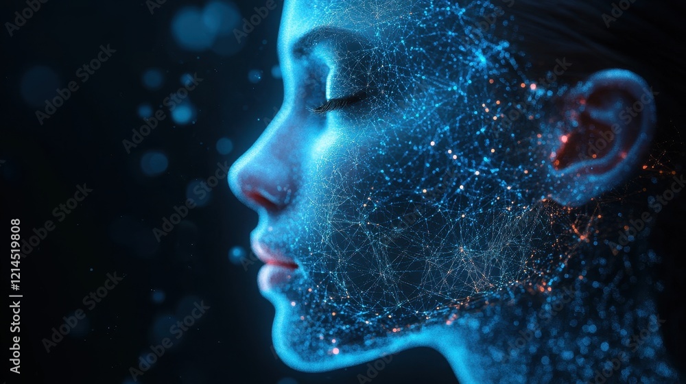 Poster close up of a womans face with a network of dots representing connections and digital technology
