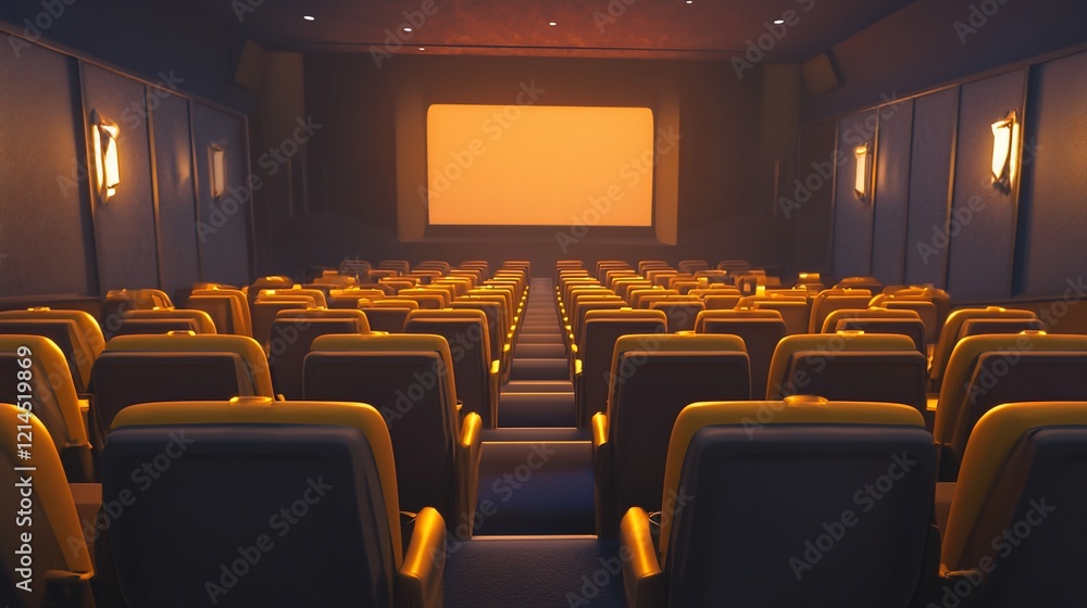 Poster empty movie theater with rows of seats and a large screen.