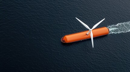A floating orange platform with a wind turbine spins above calm waters, showcasing renewable energy technology in action.