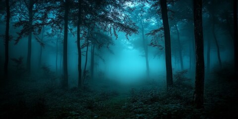 Fototapeta premium A quiet, misty forest under the moonlight, exuding mystery. Ideal for nature themes, storytelling, and atmospheric designs.