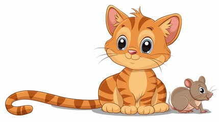 A cartoon illustration of a friendly cat and a mouse sitting side by side.