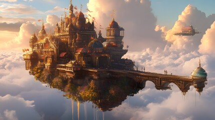 Fototapeta premium Floating City Cloud Castle Fantasy Architecture Aerial Cityscape