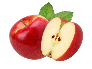 red apple (Envy Apple) with leaves and half isolated, transparent PNG, PNG format, cut out