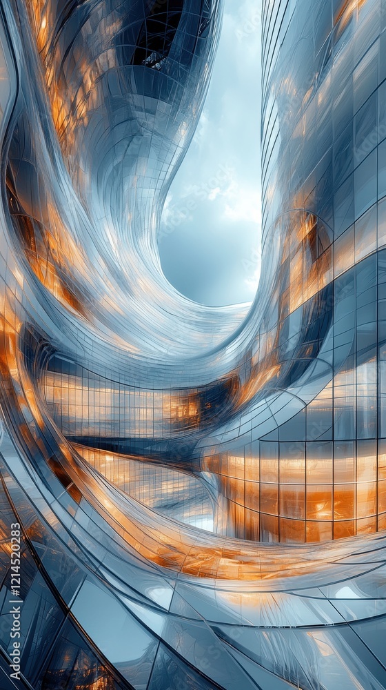 Poster abstract geometric patterns in a modern building facade with reflections and light effects