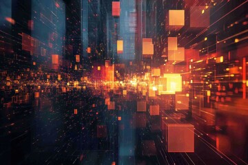 Fototapeta premium City skyline at night with illuminated buildings and vibrant lights in urban landscape